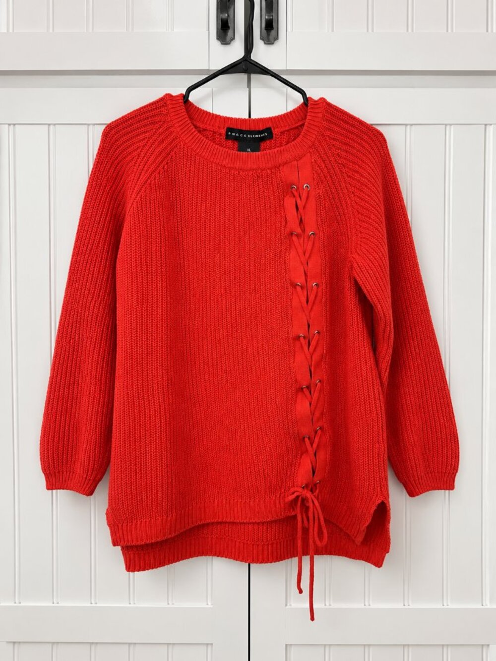 Grace Elements Red Cotton Knit Sweater Size XL – Side Lace-Up Detail